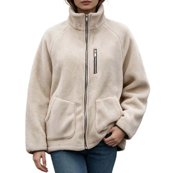 DYTTDG Women’s Fleece Zip-Up Jacket, Stand Collar Long Sleeve Sherpa Jacket with Chest Zipper Pocket & Front Patch Pockets, Casual Outerwear for Fall and Winter