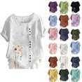 thumbnail image 1 of DYTTDG Women's Floral Print Linen Blend Top, Casual Summer T-Shirt With Crew Neck Short Sleeve Button, 1 of 4