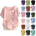thumbnail image 1 of DYTTDG Women's Floral Print Linen Blend Top, Casual Summer T-Shirt With Crew Neck Short Sleeve Button, 1 of 4