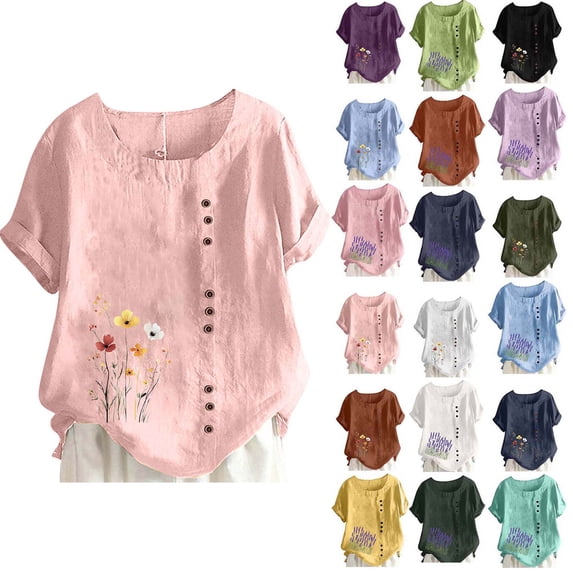 DYTTDG Women's Floral Print Linen Blend Top, Casual Summer T-Shirt With Crew Neck Short Sleeve Button