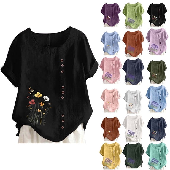 DYTTDG Women's Floral Print Linen Blend Top, Casual Summer T-Shirt With Crew Neck Short Sleeve Button