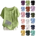 thumbnail image 1 of DYTTDG Women's Floral Print Linen Blend Top, Casual Summer T-Shirt With Crew Neck Short Sleeve Button, 1 of 5