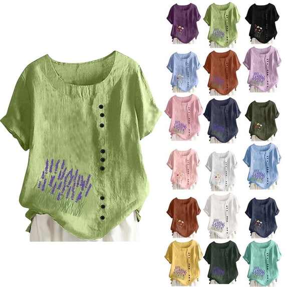DYTTDG Women's Floral Print Linen Blend Top, Casual Summer T-Shirt With Crew Neck Short Sleeve Button