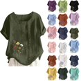 thumbnail image 1 of DYTTDG Women's Floral Print Linen Blend Top, Casual Summer T-Shirt With Crew Neck Short Sleeve Button, 1 of 4