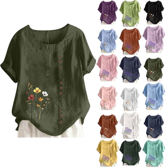 DYTTDG Women's Floral Print Linen Blend Top, Casual Summer T-Shirt With Crew Neck Short Sleeve Button