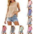 thumbnail image 1 of DYTTDG Women's Gingham Plaid Sleeveless Top | Round Neck Ruffle Hem Tank with Back Button Closure, Casual Summer Top, 1 of 7