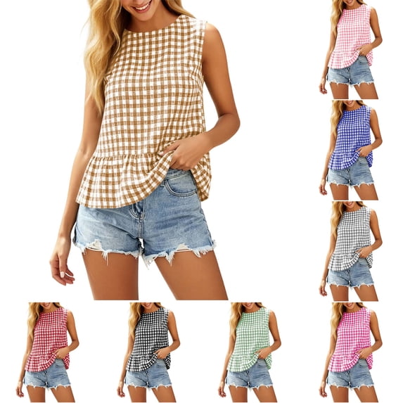 DYTTDG Women's Gingham Plaid Sleeveless Top | Round Neck Ruffle Hem Tank with Back Button Closure, Casual Summer Top