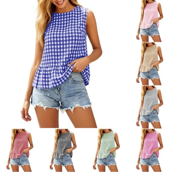 DYTTDG Women's Gingham Plaid Sleeveless Top | Round Neck Ruffle Hem Tank with Back Button Closure, Casual Summer Top