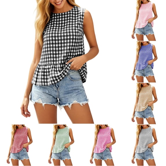 DYTTDG Women's Gingham Plaid Sleeveless Top | Round Neck Ruffle Hem Tank with Back Button Closure, Casual Summer Top