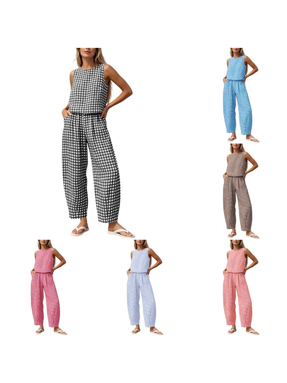 Women's Gingham Print 2-Piece Outfit | Sleeveless Round Neck Top & Elastic Waist Wide Leg Pants Set with Pockets, Casual Lounge Set