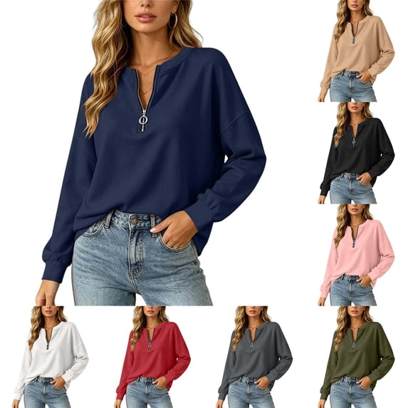 DYTTDG Women's Half Zip Pullover Sweatshirt, Crew Neck Drop Shoulder Long Sleeve Solid Casual Loose Top