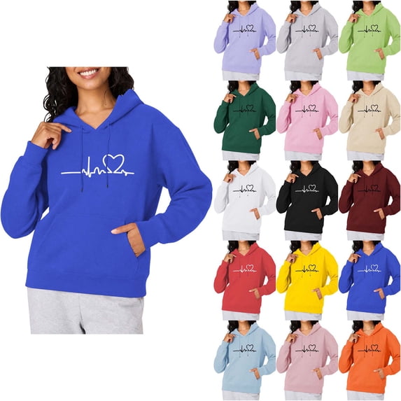 DYTTDG Women's Heart Line Graphic Hooded Sweatshirt, Solid Loose Long Sleeve Soft Fleece Pullover with Kangaroo Pocket Casual Daily Layering Top