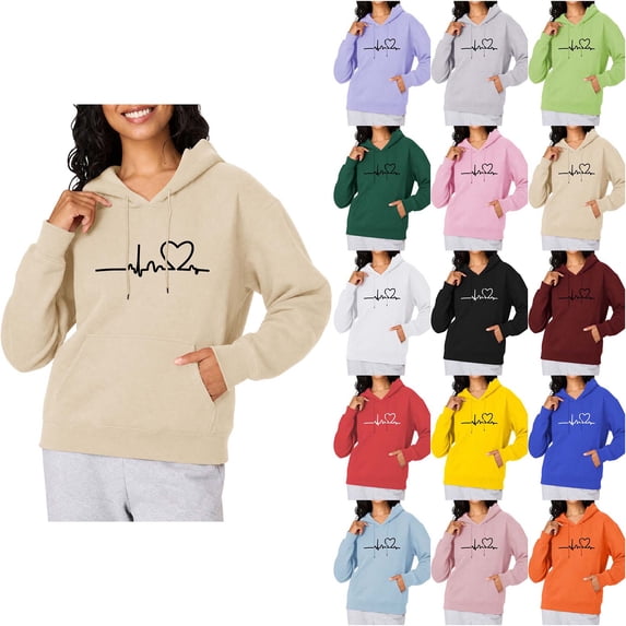 DYTTDG Women's Heart Line Graphic Hooded Sweatshirt, Solid Loose Long Sleeve Soft Fleece Pullover with Kangaroo Pocket Casual Daily Layering Top