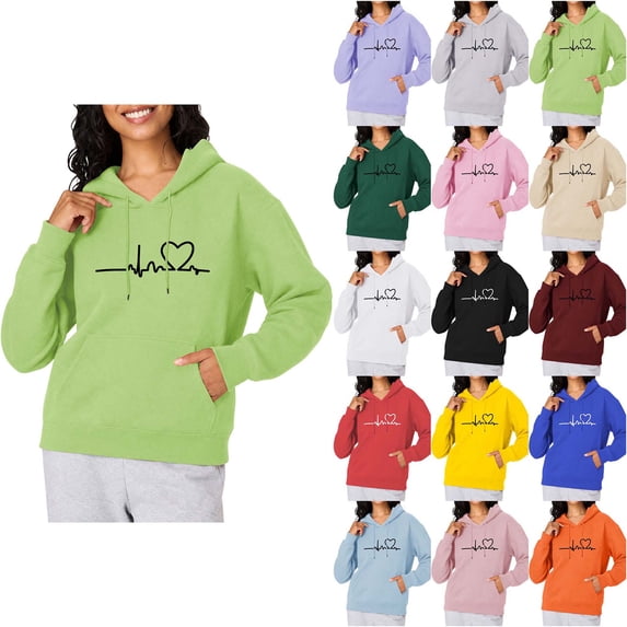 DYTTDG Women's Heart Line Graphic Hooded Sweatshirt, Solid Loose Long Sleeve Soft Fleece Pullover with Kangaroo Pocket Casual Daily Layering Top