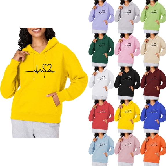 DYTTDG Women's Heart Line Graphic Hooded Sweatshirt, Solid Loose Long Sleeve Soft Fleece Pullover with Kangaroo Pocket Casual Daily Layering Top
