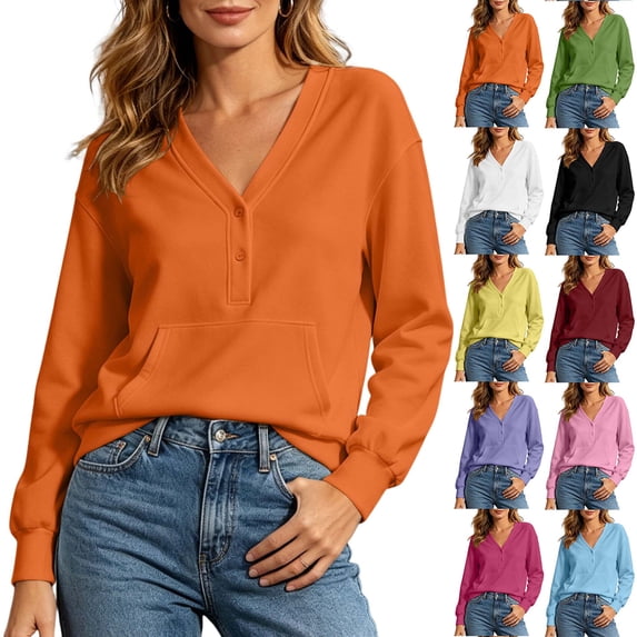 DYTTDG Women's Henley V-Neck Sweatshirt, Button Front Long Sleeve Casual Pullover with Kangaroo Pocket for Fall & Winter