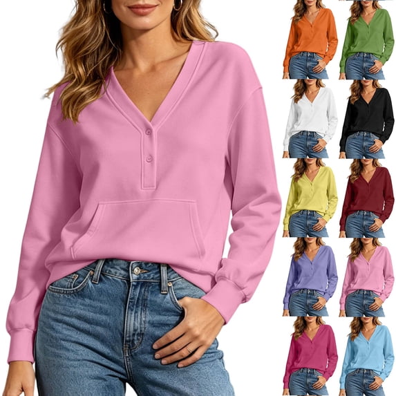 DYTTDG Women's Henley V-Neck Sweatshirt, Button Front Long Sleeve Casual Pullover with Kangaroo Pocket for Fall & Winter