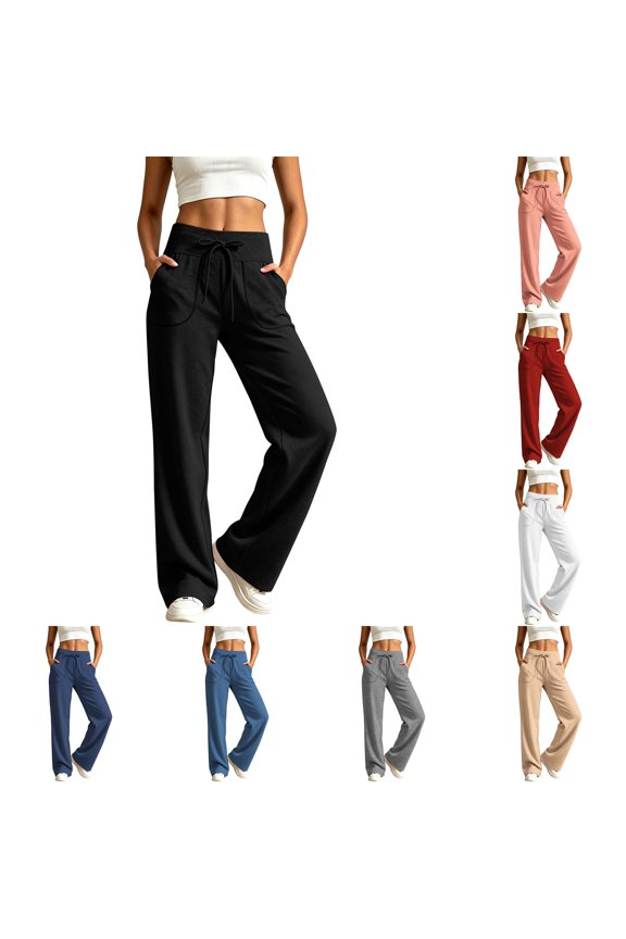 Women's High Waist Wide Leg Sweatpants, Drawstring Elastic Waist Loose Casual Trousers with Front Patch Pockets for Loungewear