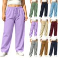 thumbnail image 1 of DYTTDG Women's High Waist Wide Leg Sweatpants, Solid Color Elastic Drawstring Waist Casual Pants with Side Pockets for Loungewear, 1 of 8