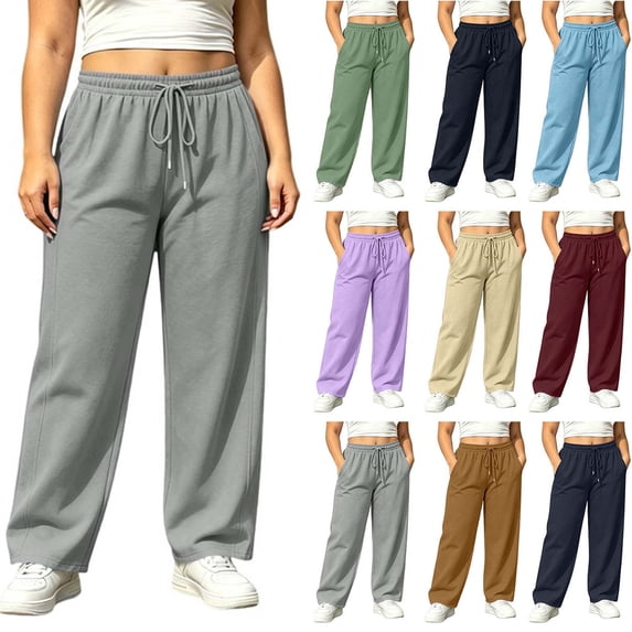 DYTTDG Women's High Waist Wide Leg Sweatpants, Solid Color Elastic Drawstring Waist Casual Pants with Side Pockets for Loungewear