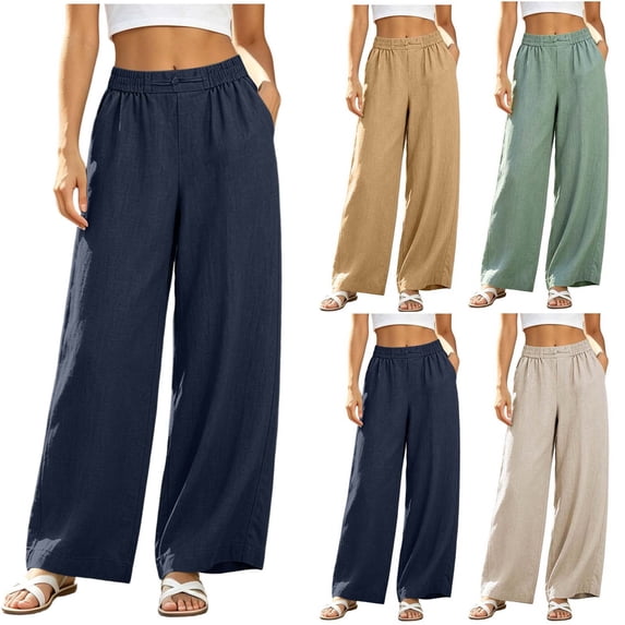 DYTTDG Women's High Waisted Linen Blend Wide Leg Pants | Casual Elastic Waist Trousers with Side Pockets, Relaxed Fit Summer Pants