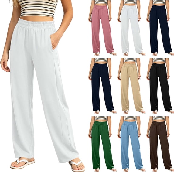 DYTTDG Women's High Waisted Wide Leg Trousers Elastic Waist with Pockets Solid Color Straight-Leg Casual Palazzo Pants