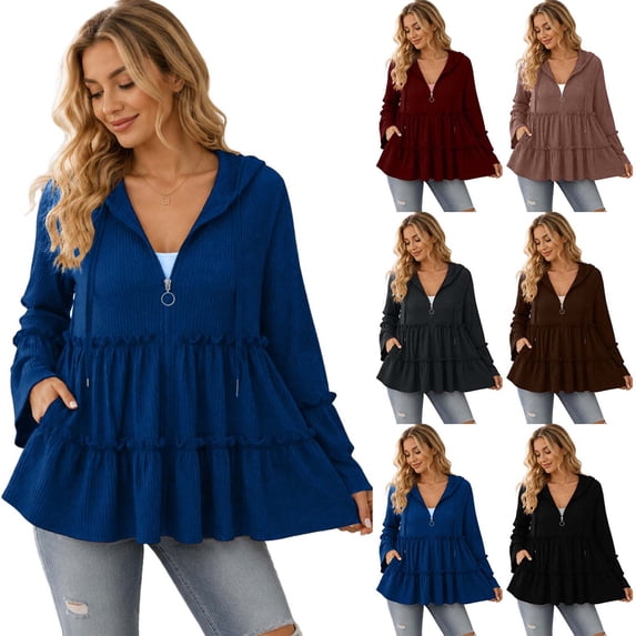 DYTTDG Women's Hooded Half‑Zip Tiered Ruffle Blouse, Loose‑Fit Knit Top With Flare Long Sleeves & Side Pockets, Solid‑Color Casual Tunic‑Style Shirt for Fall‑Winter Daily Outfits