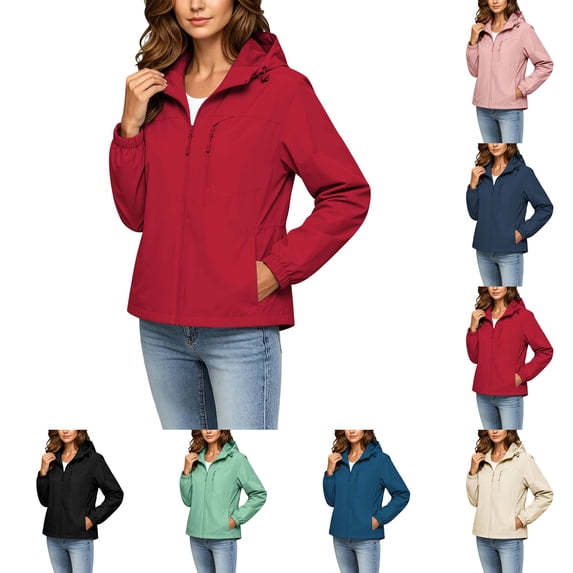 DYTTDG Women's Lightweight Hooded Jacket, Full-Zip Water-Resistant Windbreaker with Zipper Pockets, Adjustable Waist Casual Outdoor Coat for Spring Fall