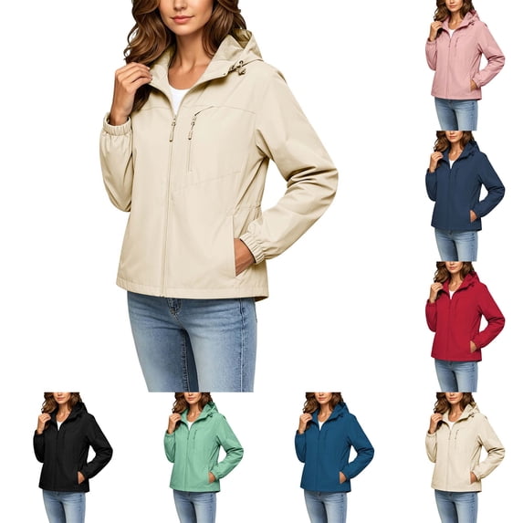DYTTDG Women's Lightweight Hooded Jacket, Full-Zip Water-Resistant Windbreaker with Zipper Pockets, Adjustable Waist Casual Outdoor Coat for Spring Fall