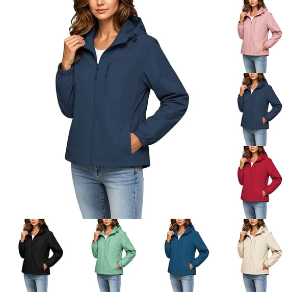 DYTTDG Women's Lightweight Hooded Jacket, Full-Zip Water-Resistant Windbreaker with Zipper Pockets, Adjustable Waist Casual Outdoor Coat for Spring Fall