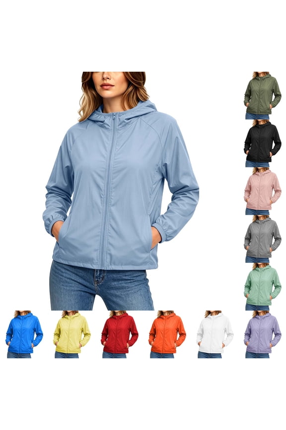 Women's Lightweight Hooded Windbreaker Jacket, Full Zip Long Sleeve Solid Casual Outdoor Jacket with Side Pockets