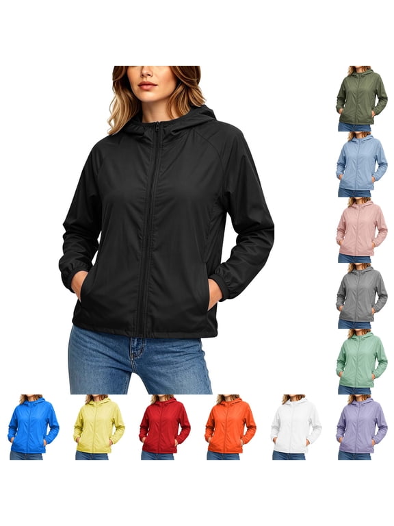 Women's Lightweight Hooded Windbreaker Jacket, Full Zip Long Sleeve Solid Casual Outdoor Jacket with Side Pockets