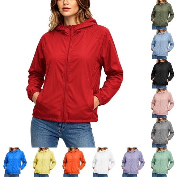 DYTTDG Women's Lightweight Hooded Windbreaker Jacket, Full Zip Long Sleeve Solid Casual Outdoor Jacket with Side Pockets