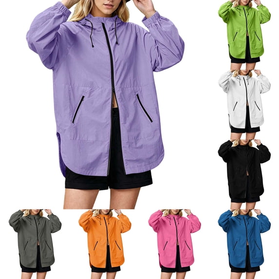 DYTTDG Women's Lightweight Hooded Zip-Up Jacket Long Sleeve Solid Casual Windbreaker Drawstring Waist Zipper Pockets Outerwear