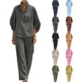 thumbnail image 1 of DYTTDG Women's Linen Blend 2-Piece Outfit | V-Neck Batwing Sleeve Top & Wide Leg Pants Casual Set, Loose Fit Summer Wear, 1 of 8