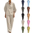 thumbnail image 1 of DYTTDG Women's Linen Blend 2-Piece Outfit | V-Neck Batwing Sleeve Top & Wide Leg Pants Casual Set, Loose Fit Summer Wear, 1 of 8