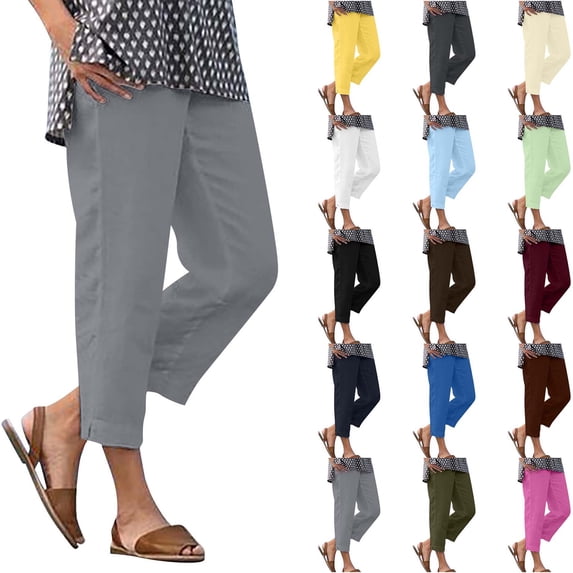 DYTTDG Women's Linen Blend Capri Pants | Elastic Waist Solid Color Straight Leg Casual Summer Trousers, Cropped Wide Leg Pants