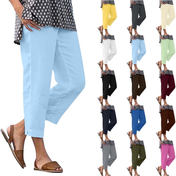 DYTTDG Women's Linen Blend Capri Pants | Elastic Waist Solid Color Straight Leg Casual Summer Trousers, Cropped Wide Leg Pants