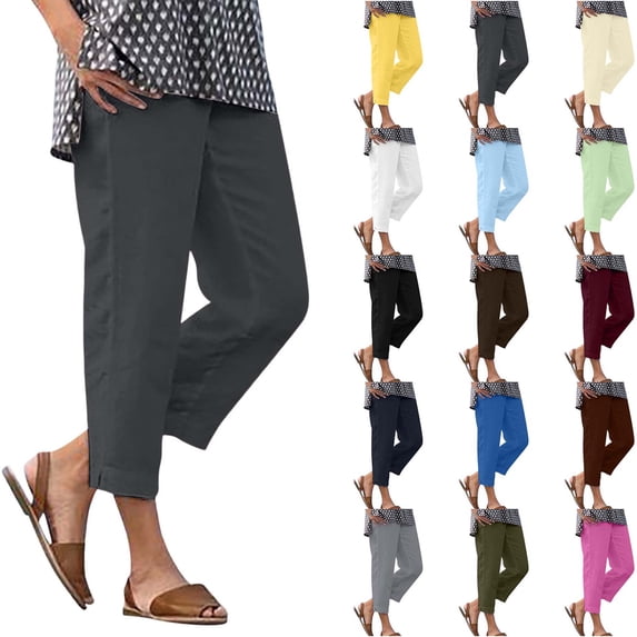 DYTTDG Women's Linen Blend Capri Pants | Elastic Waist Solid Color Straight Leg Casual Summer Trousers, Cropped Wide Leg Pants