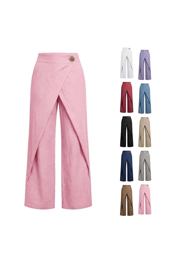 Women's Linen Blend Wide Leg Pants | High Waist Wrap Front Casual Trousers, Button Detail Linen Pants for Summer & Vacation
