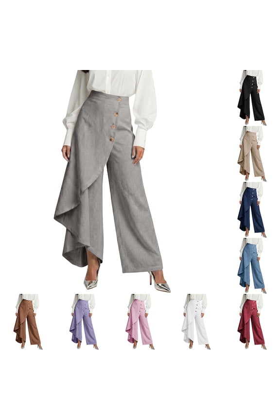 Women's Linen Blend Wide Leg Pants | High Waist Wrap Over Trousers, Button Detail Irregular Hem Casual Pants for Summer & Vacation