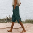 thumbnail image 1 of DYTTDG Women's Linen Mid-Length Pants | Solid Color Loose Straight Leg Trousers with Pockets, Side Slit & Button Detail for Summer, 1 of 6