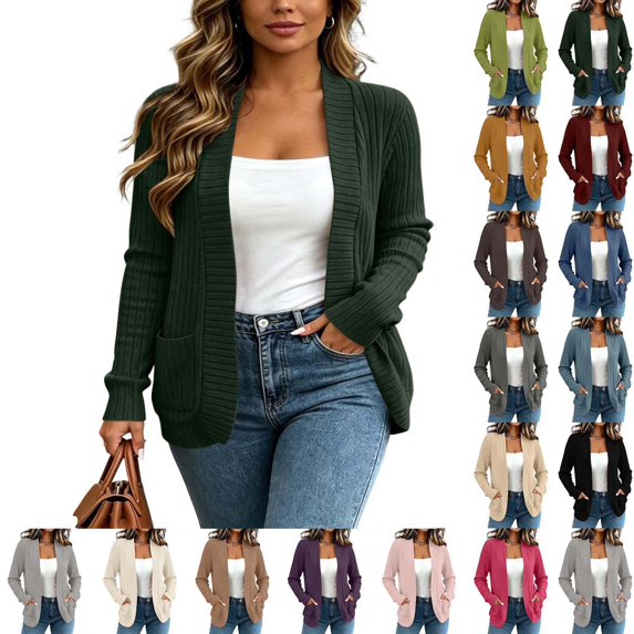 DYTTDG Women's Long Sleeve Open Front Knit Cardigan, Ribbed Casual Sweater Outerwear With Pockets for Daily Outfits