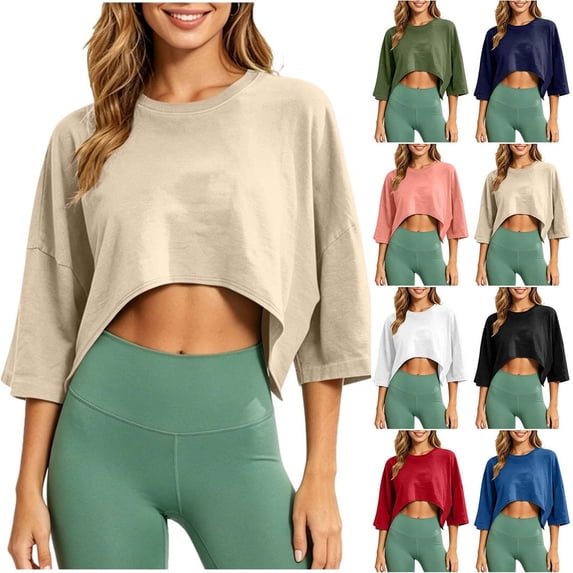 DYTTDG Women's Loose Fit Cropped Top | Round Neck 3/4 Sleeve Casual Workout T-Shirt Pullover, Sporty Everyday Top