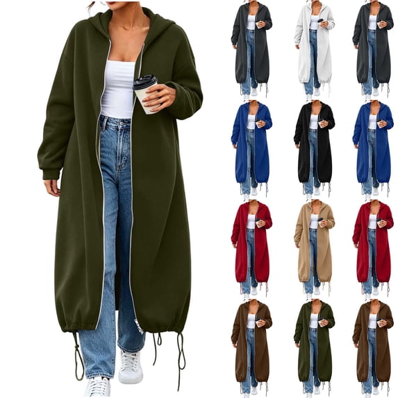 DYTTDG Women's Maxi Length Zip Up Hooded Sweatshirt Coat, Loose Long Sleeve Solid Color Outerwear with Pockets and Drawstring Hem for Daily Casual Outfits
