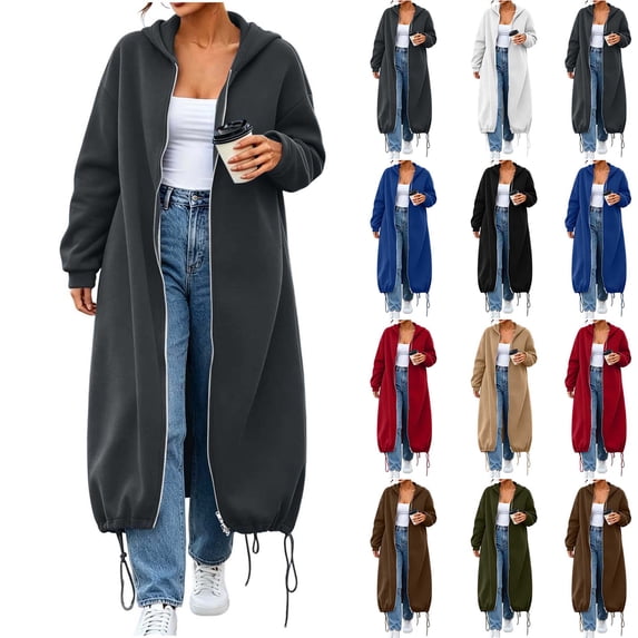DYTTDG Women's Maxi Length Zip Up Hooded Sweatshirt Coat, Loose Long Sleeve Solid Color Outerwear with Pockets and Drawstring Hem for Daily Casual Outfits