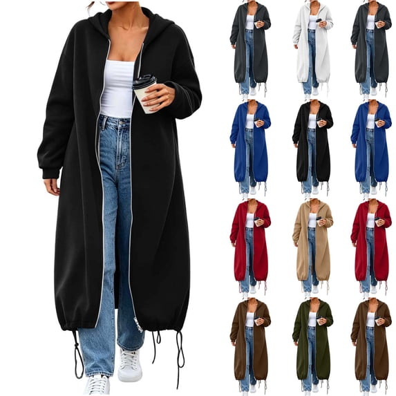 DYTTDG Women's Maxi Length Zip Up Hooded Sweatshirt Coat, Loose Long Sleeve Solid Color Outerwear with Pockets and Drawstring Hem for Daily Casual Outfits