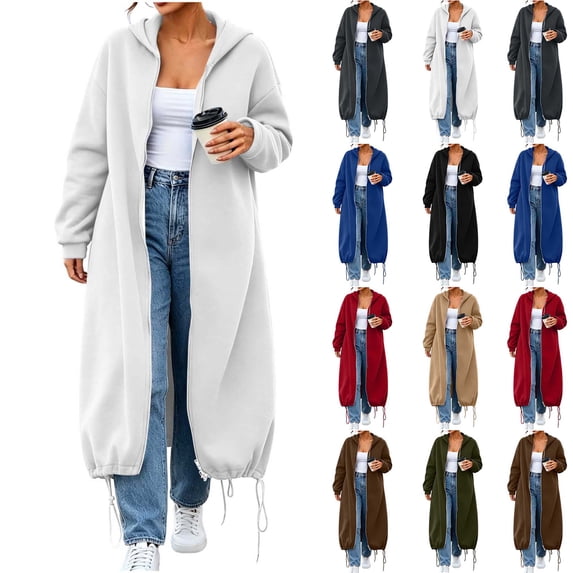 DYTTDG Women's Maxi Length Zip Up Hooded Sweatshirt Coat, Loose Long Sleeve Solid Color Outerwear with Pockets and Drawstring Hem for Daily Casual Outfits