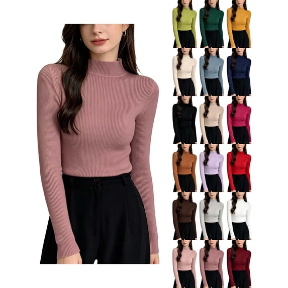 DYTTDG Women's Mock Neck Ribbed Knit Long Sleeve Top | Solid Slim Basic Pullover Soft Stretch Layering Shirt for Spring Fall Daily Wear