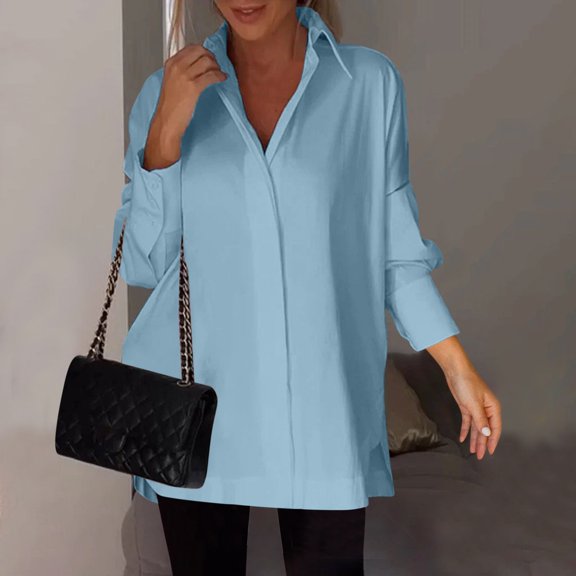 DYTTDG Women's New Plus Size Solid Color Button Lapel Long Sleeve Shirt Daily Casual Blouse Cardigan Basic Loose Tops Great Gifts for Less